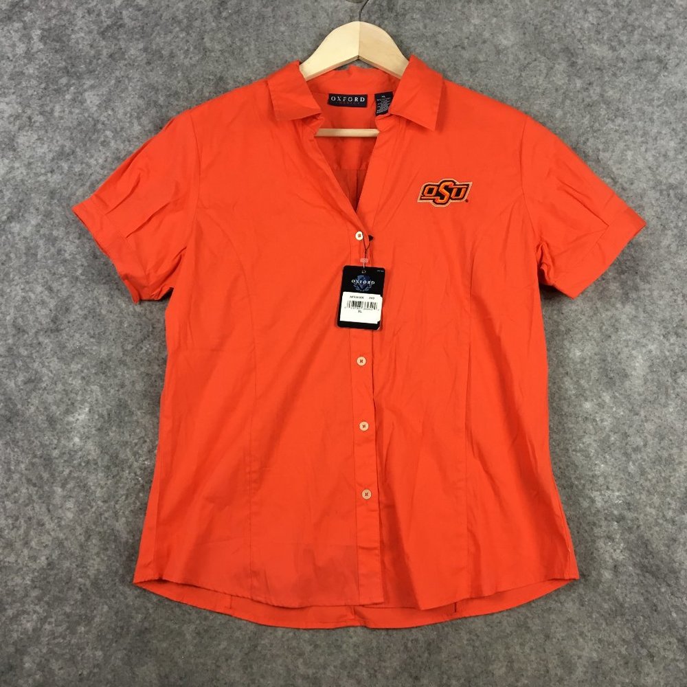 OSU Oklahoma State University Top Women XL S Short Puff Sleeve Buttons Oxford